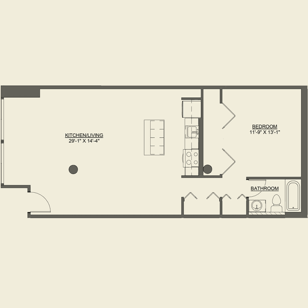 A 3D image of a house layout with a kitchen, living room, and dining area.,A floor plan of a small apartment with one bedroom and one bathroom.