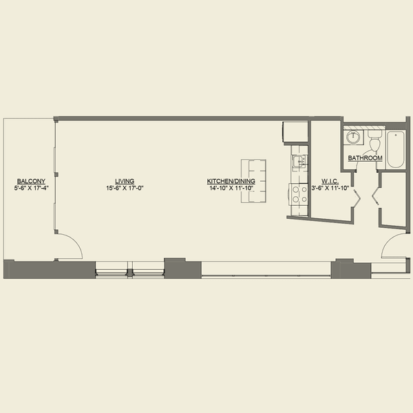 A floor plan of a studio apartment with a living room, bedroom, kitchen, bathroom, and a closet.