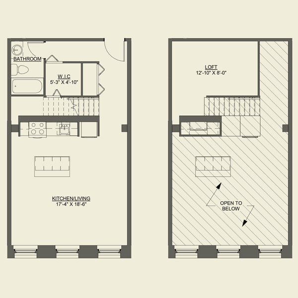A floor plan of a lofted space with a living area, dining area, kitchen, bathroom, bedroom, and a studio.