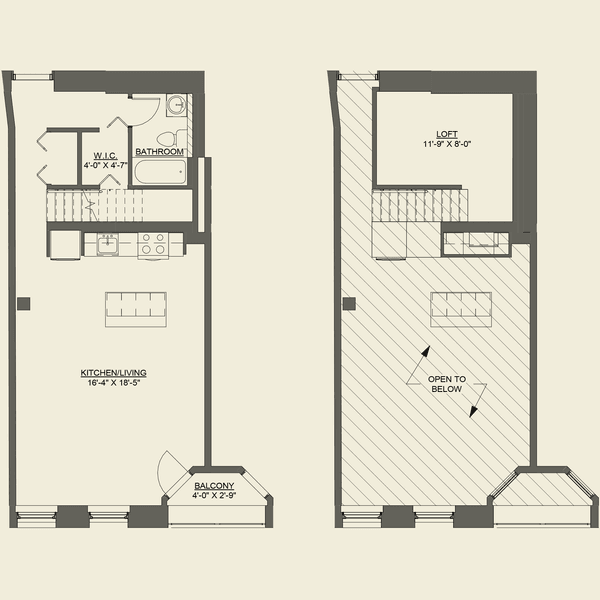 One bedroom loft floor plan a Cobbler Square Lofts