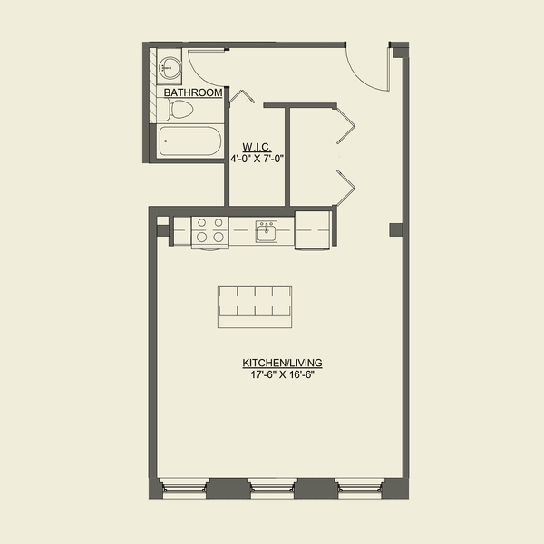 Studio floor plan a Cobbler Square Lofts