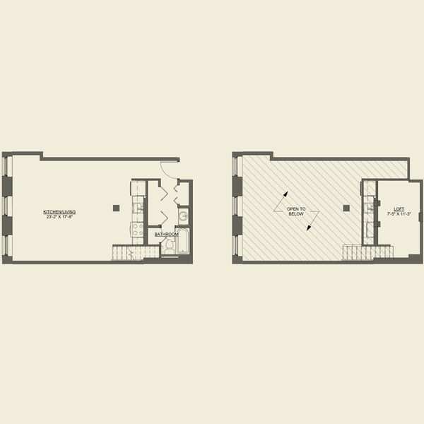 A floor plan of a lofted space with a living area, dining area, kitchen, bathroom, bedroom, and a studio.