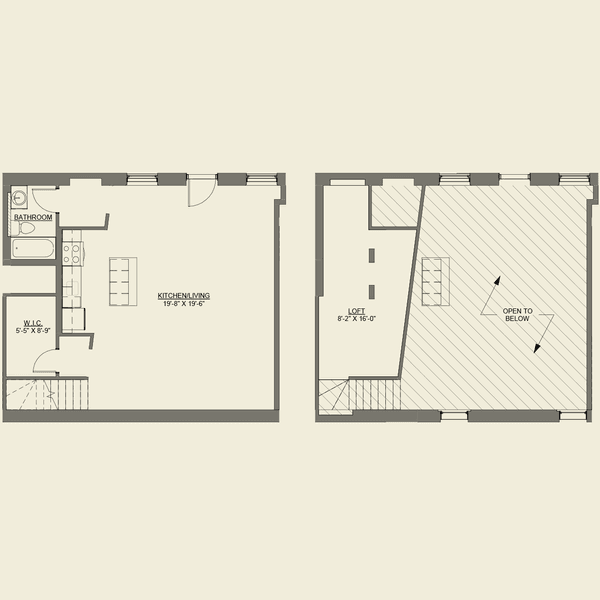 A floor plan of a lofted space with a living area, dining area, kitchen, bathroom, bedroom, and a studio.