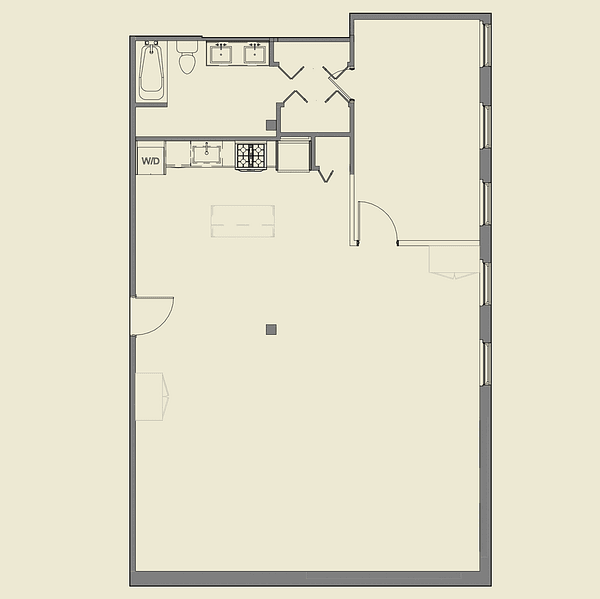 A 3D image of a house layout with a kitchen, living room, and dining area.,A floor plan of a small apartment with one bedroom and one bathroom.