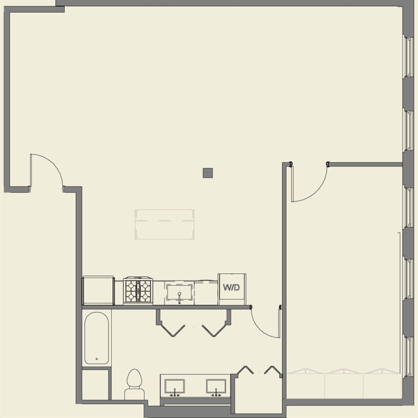 A floor plan of a house with a kitchen, living room, and two bedrooms.