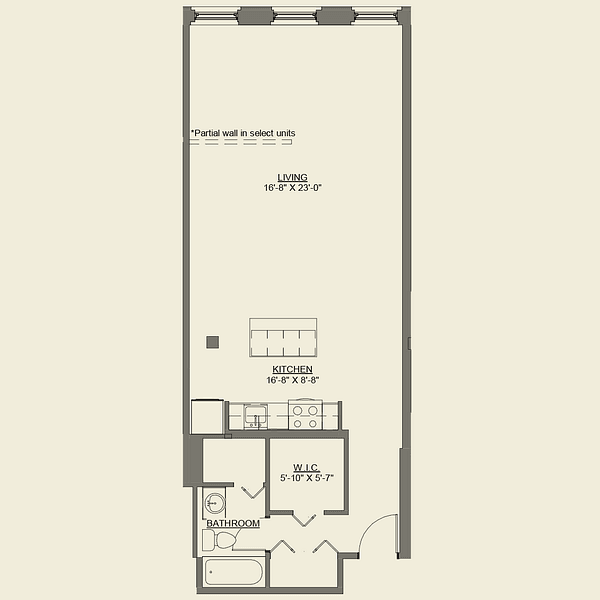 A floor plan of a studio apartment with a living room, bedroom, kitchen, bathroom, and a closet.