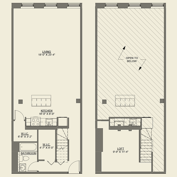 A floor plan of a lofted space with a living area, dining area, kitchen, bathroom, bedroom, and a studio.
