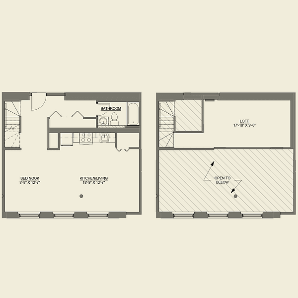 A floor plan of a lofted space with a living area, dining area, kitchen, bathroom, bedroom, and a studio.